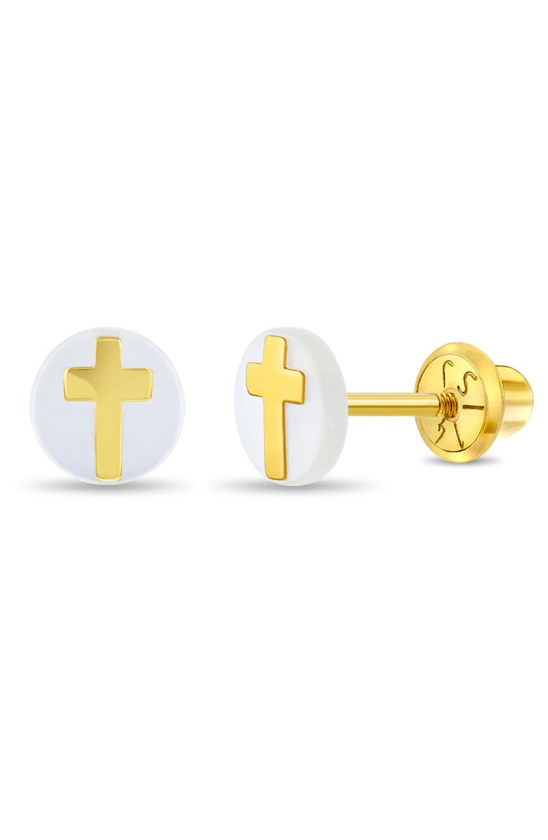 In Season Jewelry 14k Cross Mother of Pearl Earrings, Main, color, White