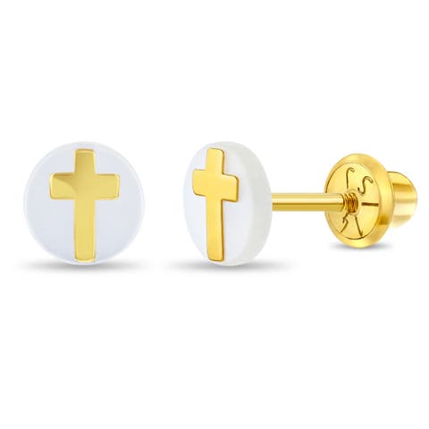 14k Cross Mother of Pearl Earrings
