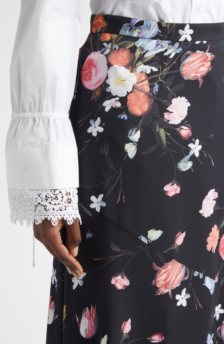 Erdem Floral A-Line Crepe Midi Skirt, Alternate, color, Dutch Flower Painting Black