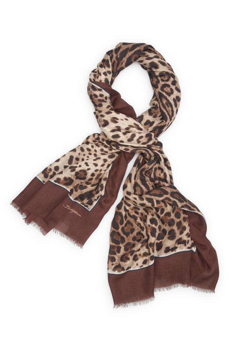 Dolce&Gabbana Leopard Print Signature Border Scarf, Alternate, color, Light Brown Print