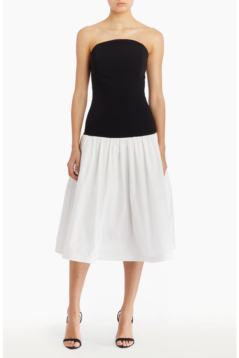 Valencia Strapless Mixed Media Midi Dress, Main, color, BLACK/ WHITE