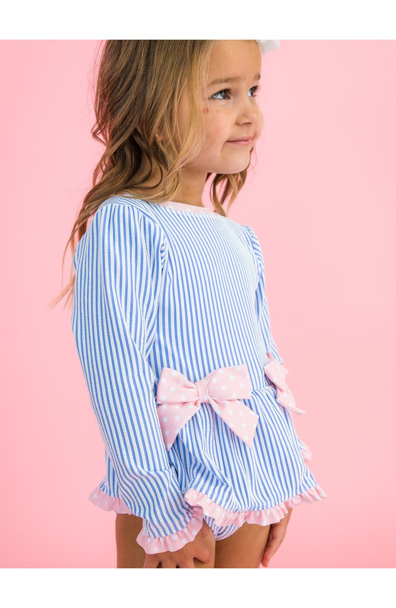 RuffleButts UPF50+ Seersucker Long Sleeve One Piece Bow Peplum Rash Guard Swimsuit, Alternate, color, Periwinkle Blue Seersucker
