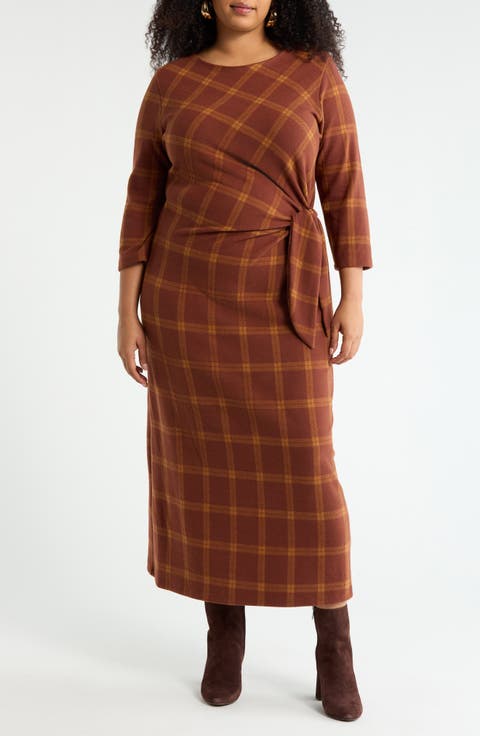 Plaid Boat Neck Maxi Dress (Plus)