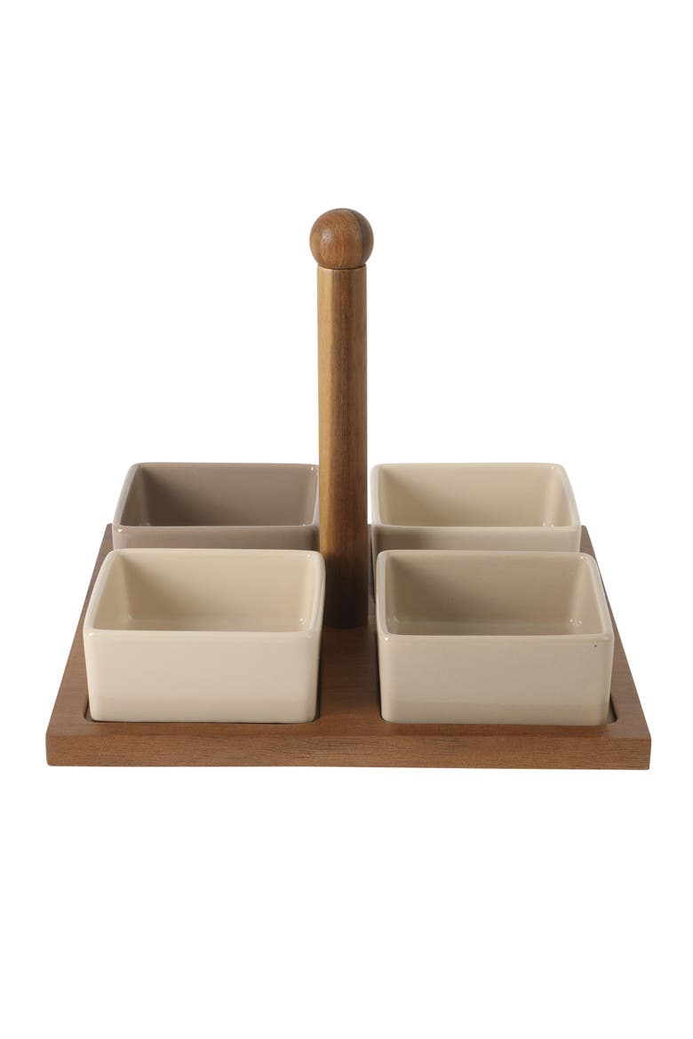 Gracious Dining 4-Piece Stoneware Tidbit, Condiment & Dip Dish Set with Acacia Wood Tray, Alternate, color, Taupe