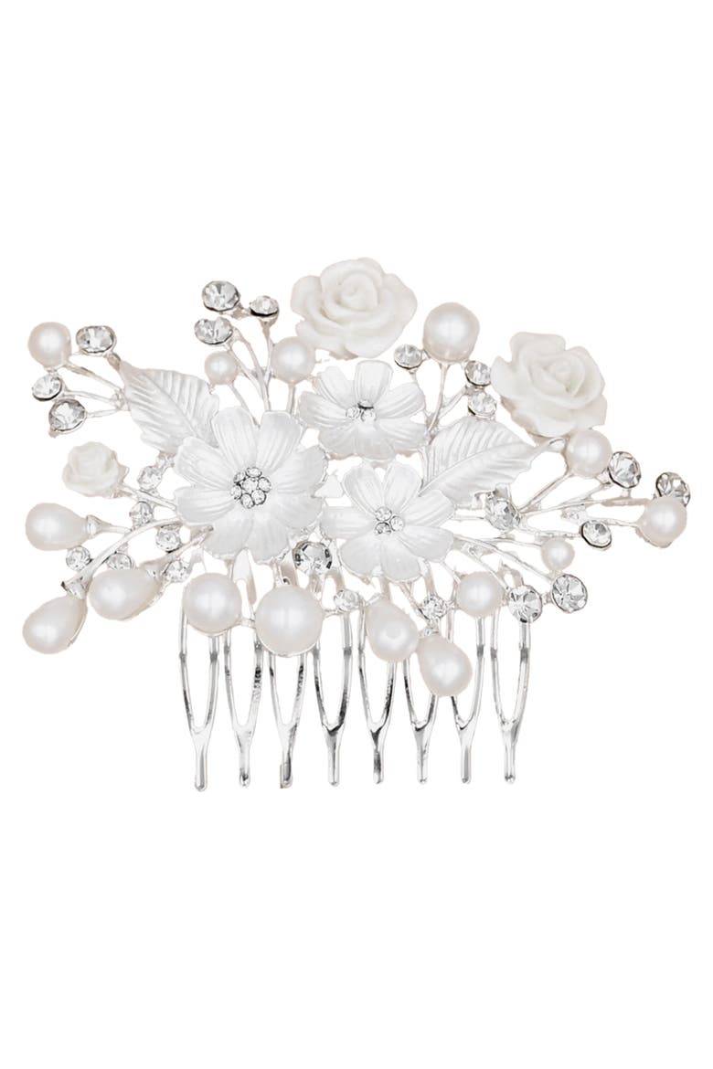 Crystal White Pearl and Flower Hair Comb, Main, color, Silver