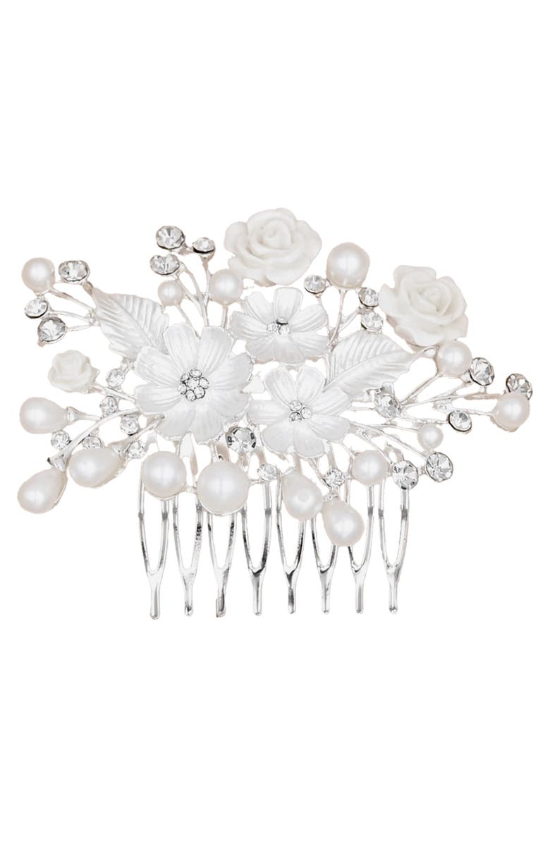 Tulleen Crystal White Pearl and Flower Hair Comb, Main, color, Silver
