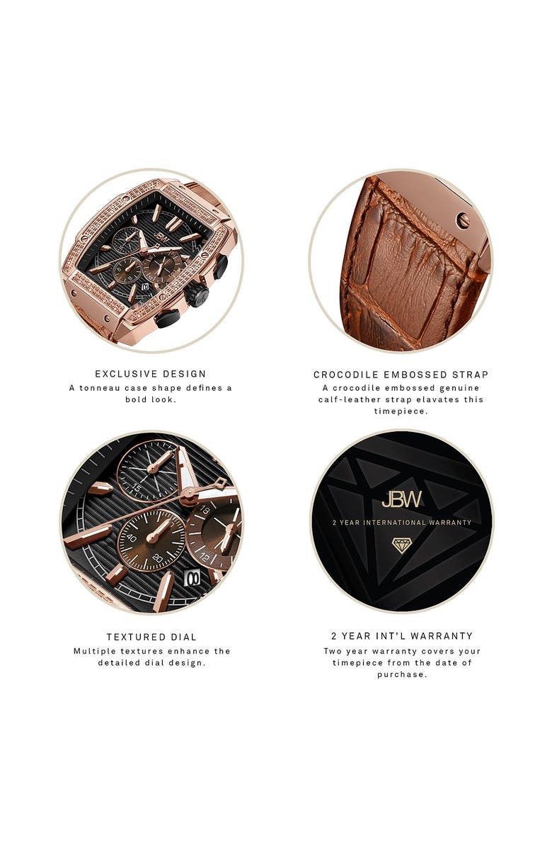 JBW Men's Echelon Diamond Chronograph Croc Embossed Leather Strap Watch, 41mm, Alternate, color, Rose Gold