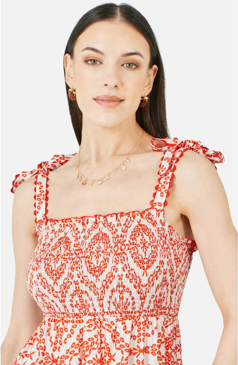 Yumi Ruched Tie Strap Midi Sun Dress, Alternate, color, Red