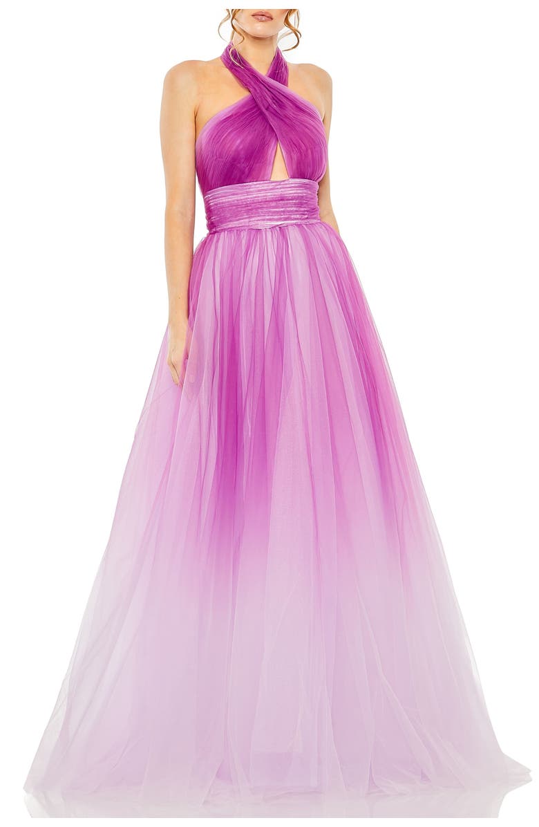 Mac Duggal Sleeveless Cross Front Tulle Dress, Main, color, Purple Ombre