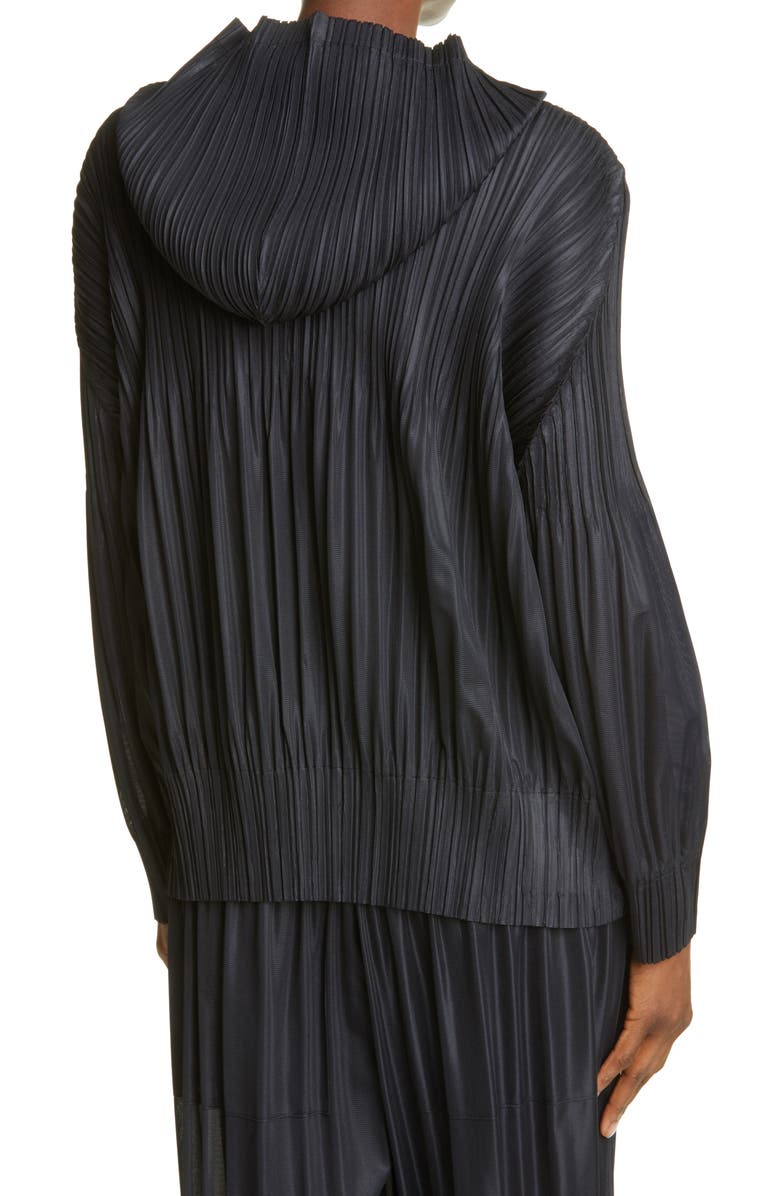 Pleats Please Issey Miyake Pleated Zip Front Hoodie, Alternate, color, Black