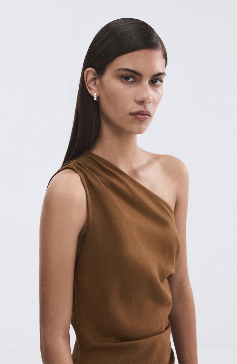 MANGO Ruched One-Shoulder Maxi Dress, Alternate, color, Tobacco Brown