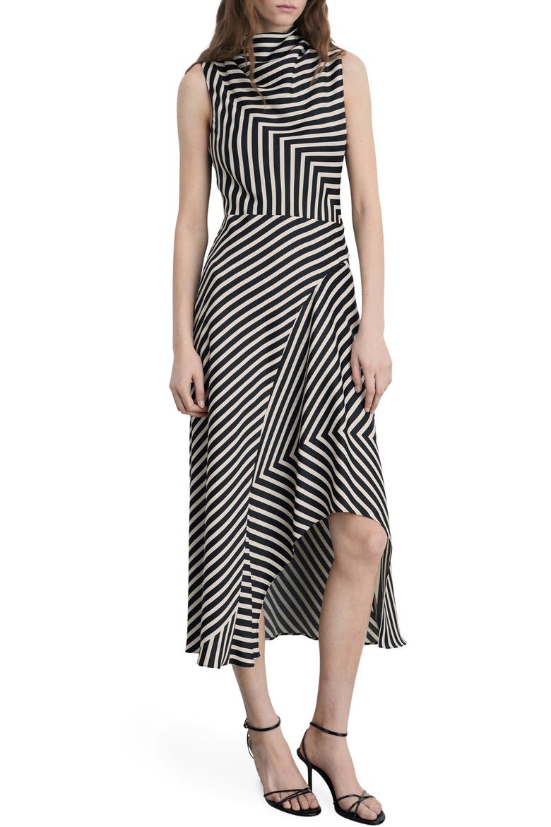 Dunia Stripe Asymmetric Sleeveless Midi Dress, Main, color, BLACK