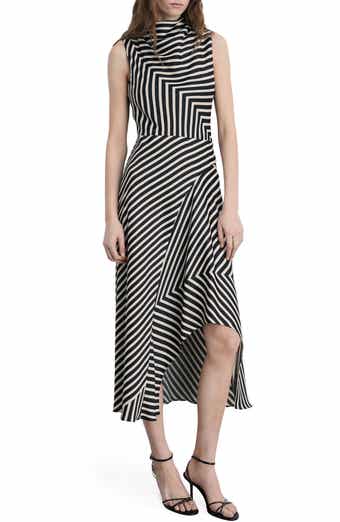 Dunia Stripe Asymmetric Sleeveless Midi Dress