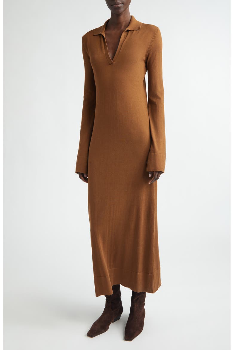 Arp Long Sleeve Cotton & Silk Polo Sweater Dress, Main, color, 000258 TOFFEE
