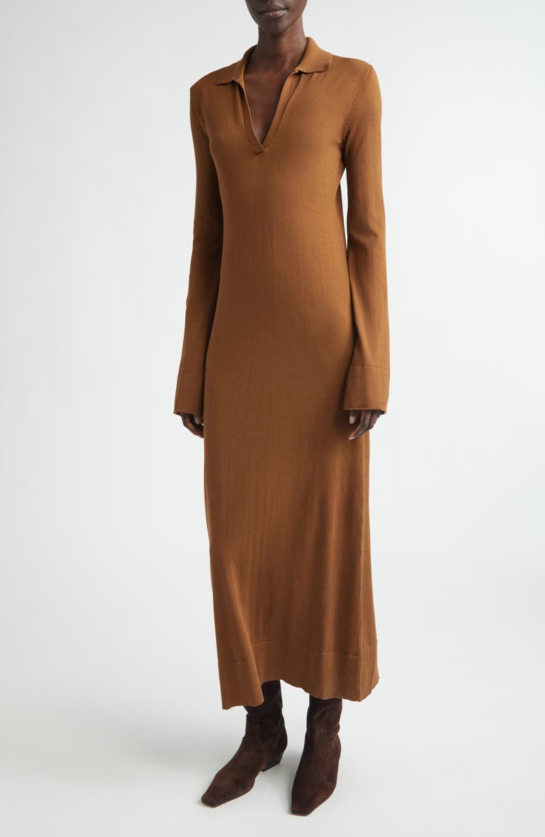 Altuzarra Arp Long Sleeve Cotton & Silk Polo Sweater Dress, Main, color, 000258 Toffee