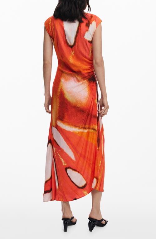 Desigual Cap Sleeve Ruched Maxi Dress In Orange