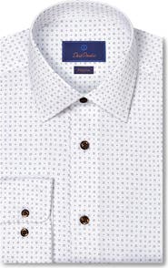 David Donahue Regular Fit Neat Print Cotton Herringbone Dress Shirt