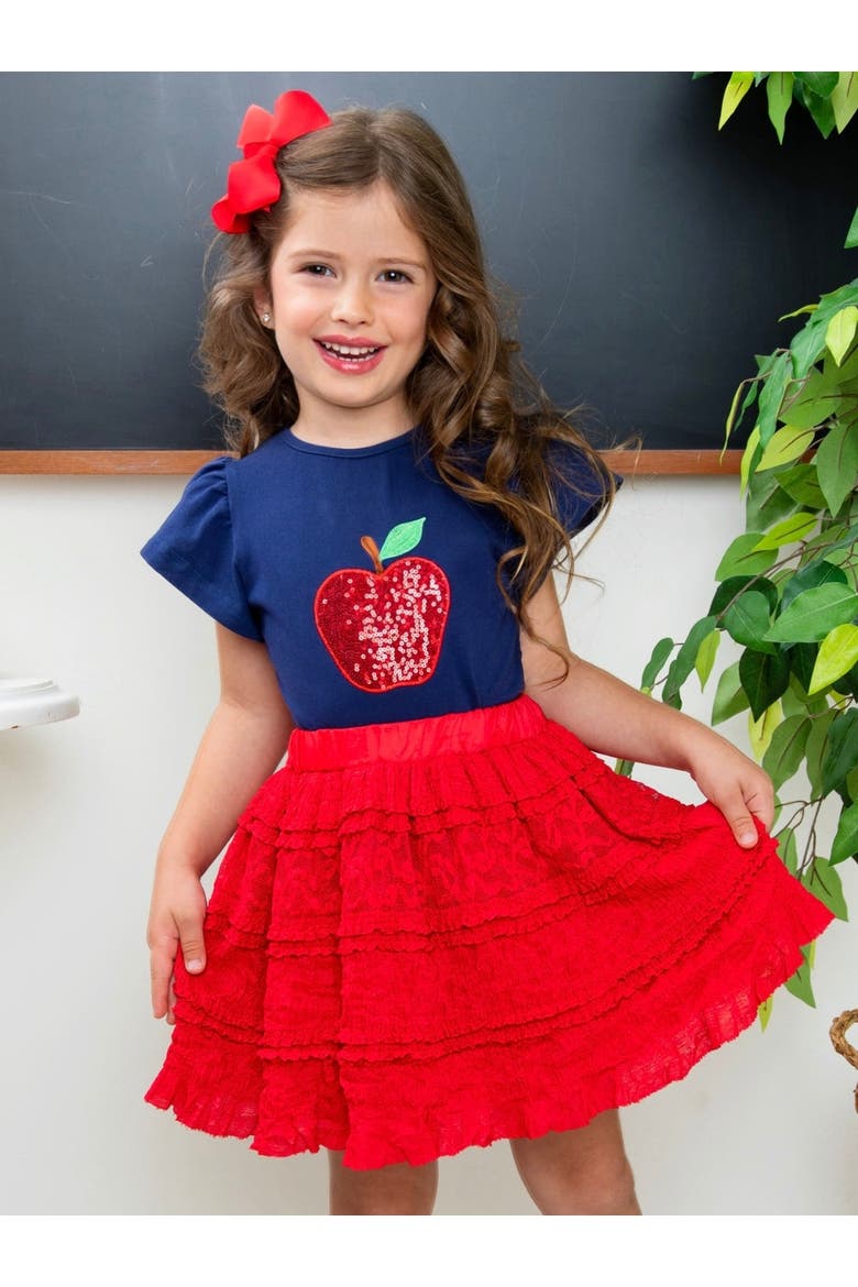 Sparkle Apple Tee & Tiered Lace Ruffle Skirt Set, Alternate, color, Red
