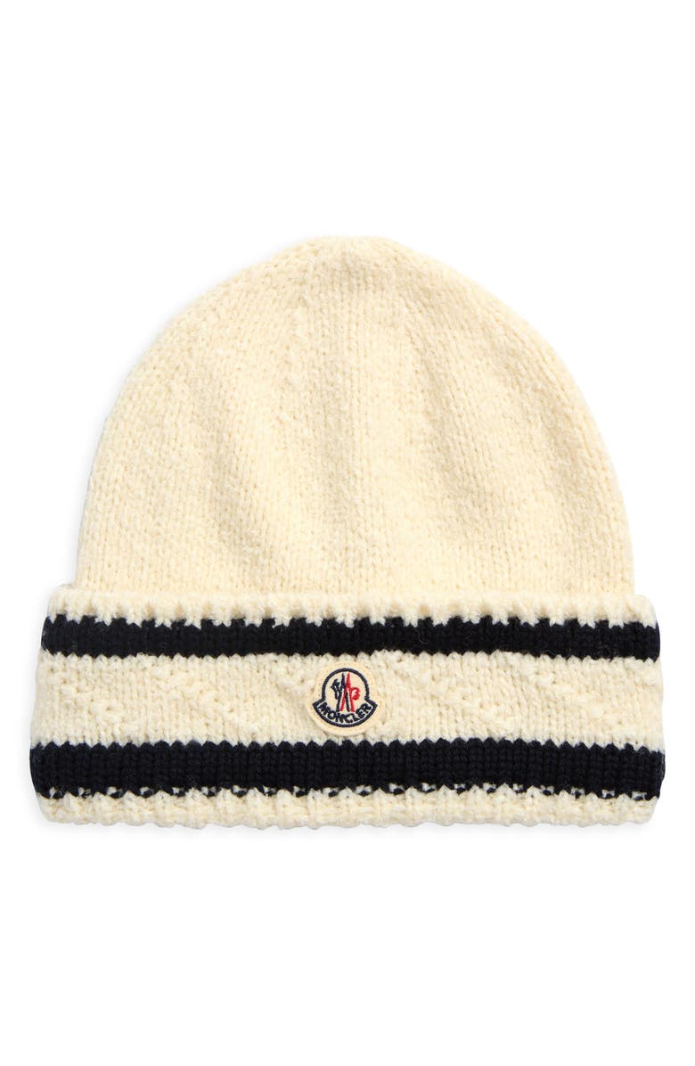 Moncler Logo Stripe Cuff Virgin Wool Blend Beanie, Main, color, White/ Navy
