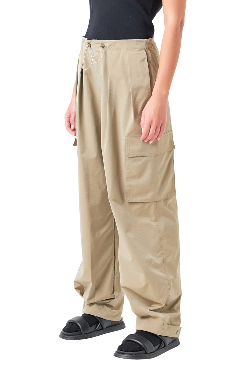 Pleated Low Rise Parachute Cargo Pants, Alternate, color, KHAKI