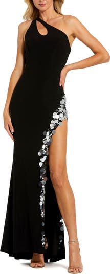 One-Shoulder Gown with Embellished Thigh-High Slit & Strappy Back