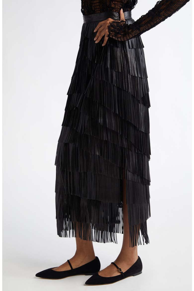 Therese Leather Fringe Maxi Skirt, Alternate, color, NOIR