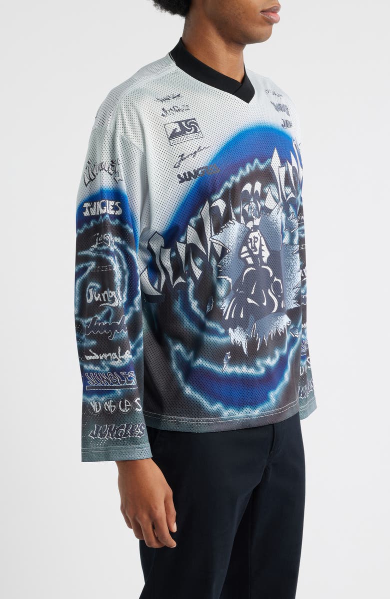 JUNGLES Boxy Moto Mesh Jersey Top, Alternate, color, White/Black/Blue