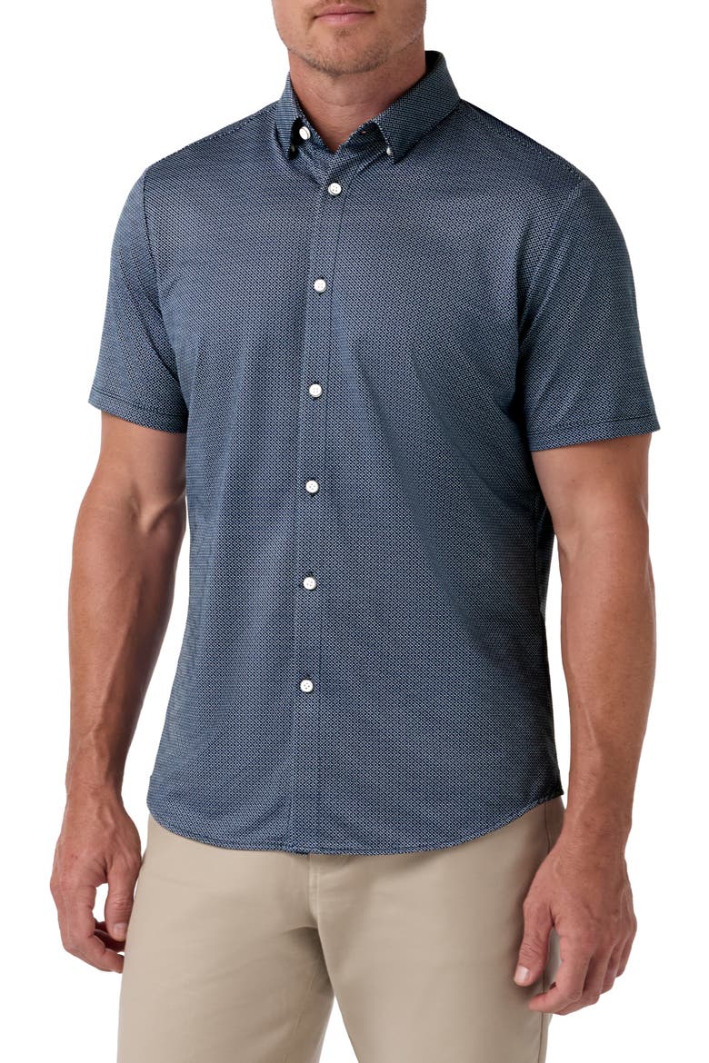 Halyard Trim Fit Floral Short Sleeve Performance Button-Up Shirt, Main, color, NAVY FLORAL LATTICE