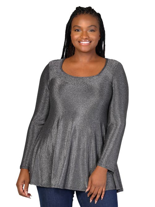 24seven Comfort Apparel Scoop Neck Long Sleeve Shimmery Fabric Tunic Top In Silver