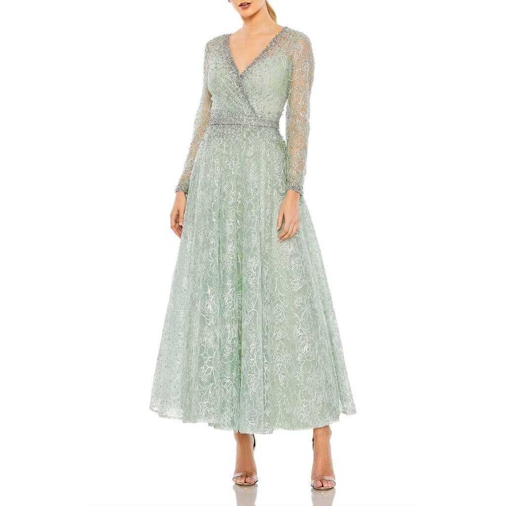 Mac Duggal Embellished Wrap Over Long Sleeve Midi Dress In Sage