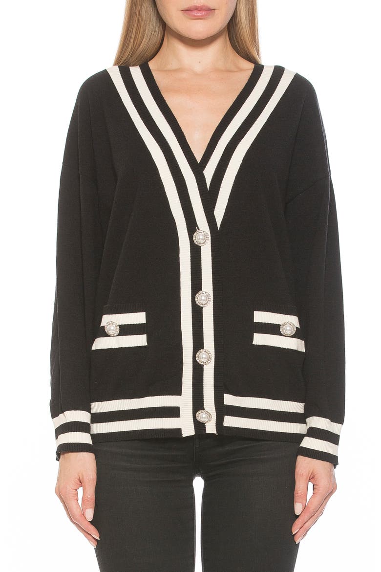 Frances Stripe Trim Cardigan, Main, color, BLACK