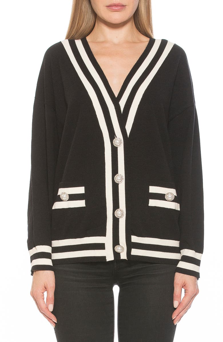 Alexia Admor Frances Stripe Trim Cardigan, Main, color, Black