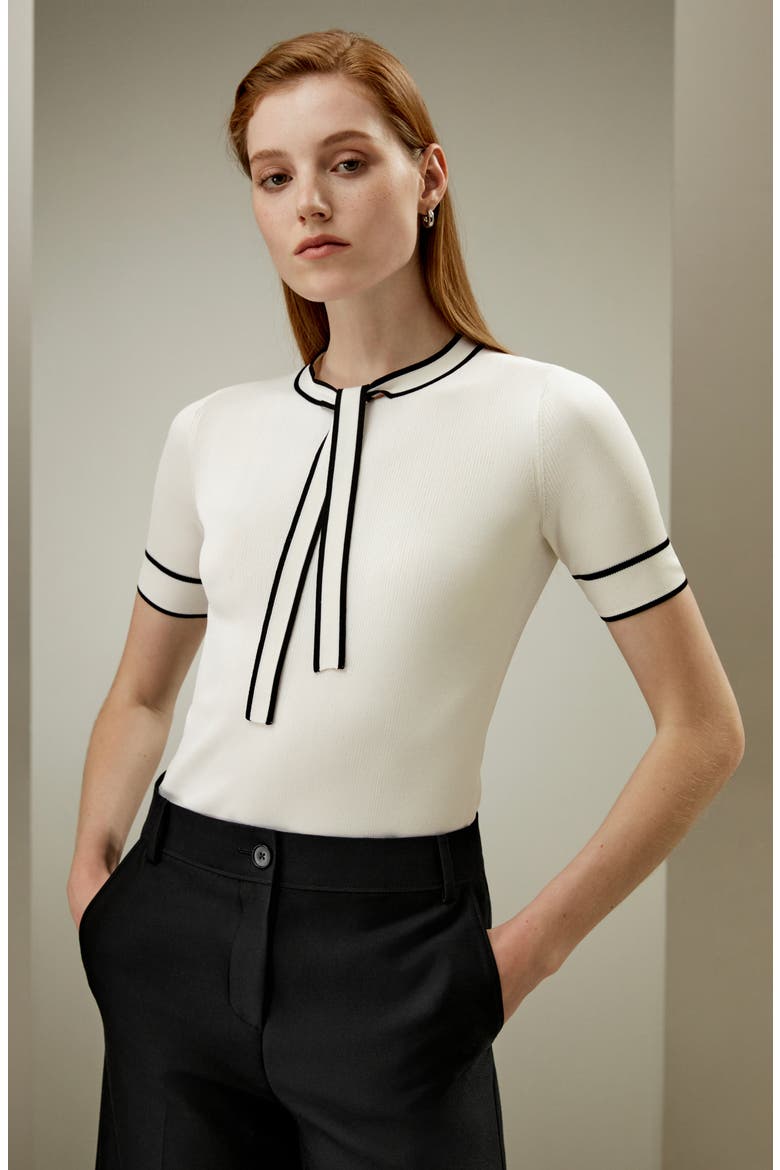 Women's Silk Knit Top with Ribbons, Alternate, color, White With Black Stripes