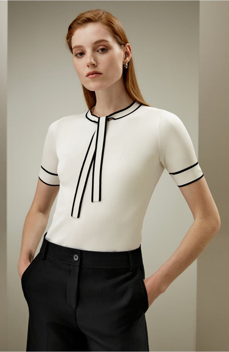 Lilysilk Women's Silk Knit Top with Ribbons, Alternate, color, White With Black Stripes