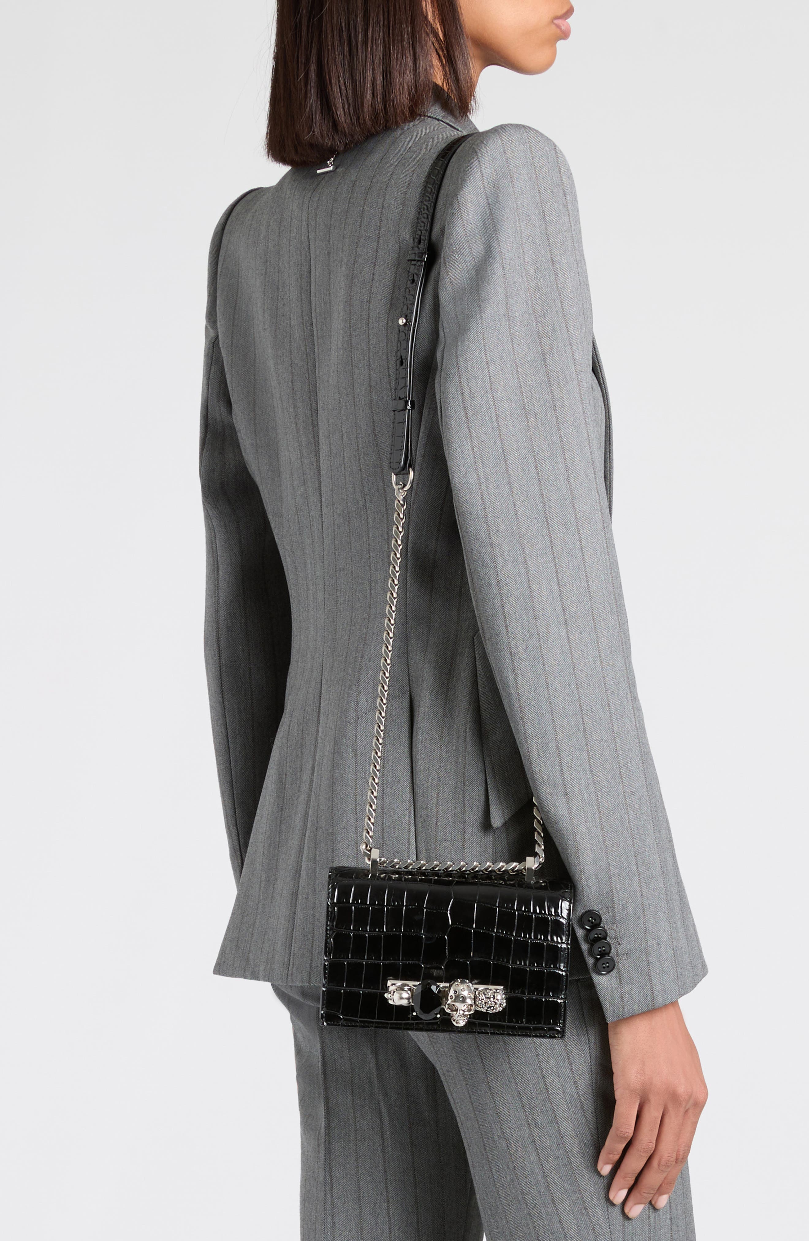 McQueen Mini Jeweled Croc Embossed Leather Crossbody Bag, Alternate, color, Black