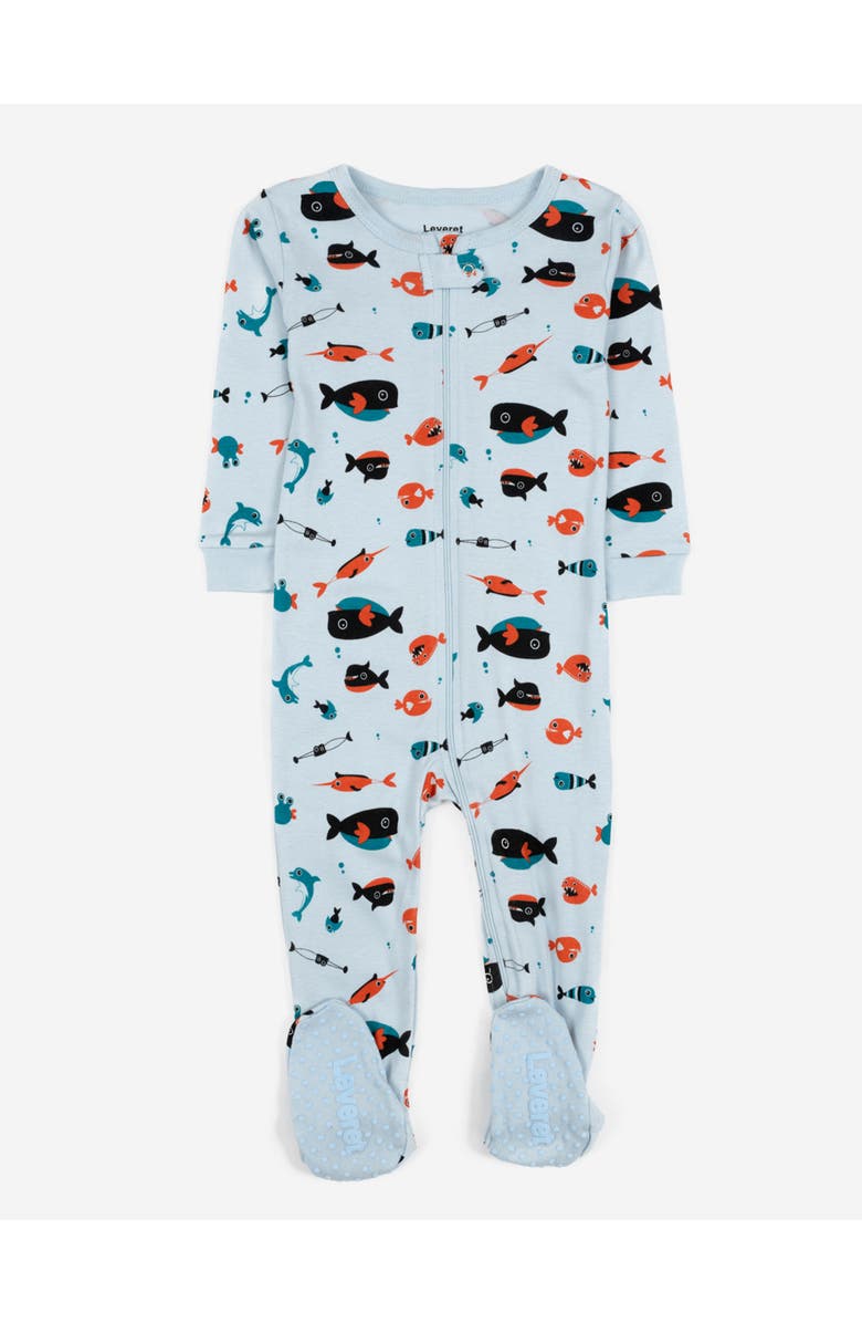 Leveret Kids Cotton Footed Printed Pajamas, Animal, Holiday & Fun Prints, Main, color, Sharks Light Blue