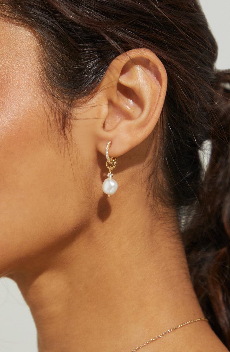 Nadri Dot Dot Dot Genuine Pearl Huggie Drop Earrings, Alternate, color,