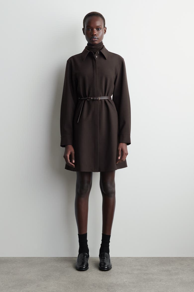 Long-Sleeved Mini Shirt Dress, Alternate, color, DARK BROWN