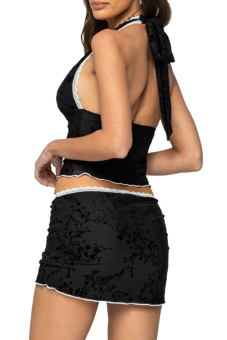 Klea Lace Trim Velvet Burnout Halter Top, Alternate, color, BLACK