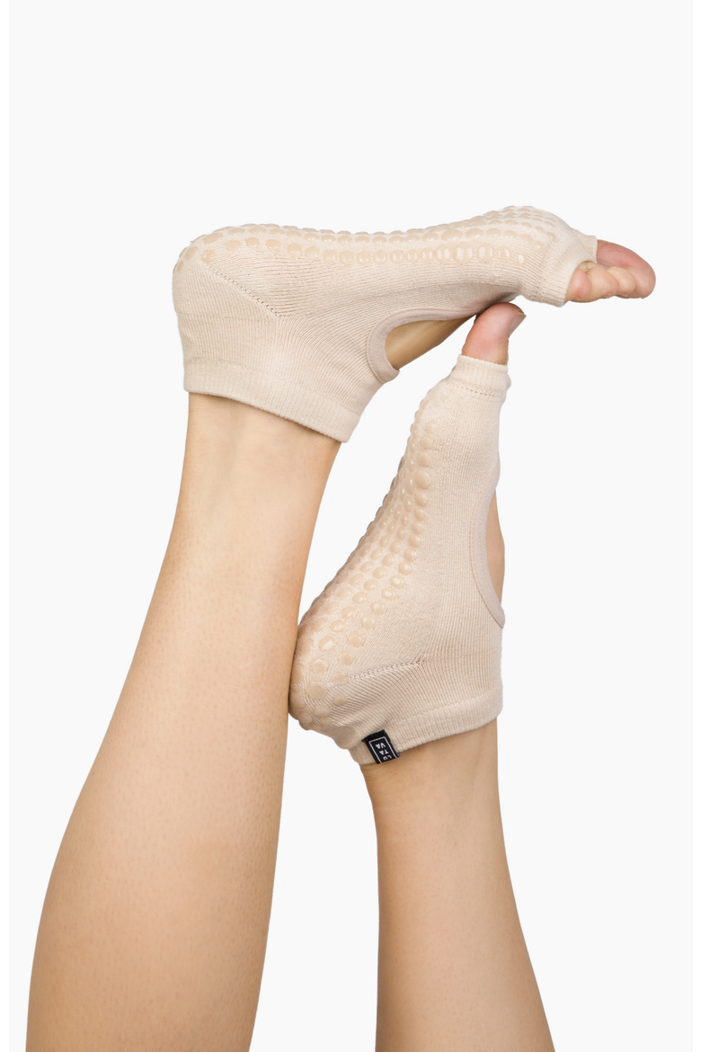 Antimicrobial Grip Sock- Tan Open Toe Ankle with Clear Grip, Alternate, color, Beige