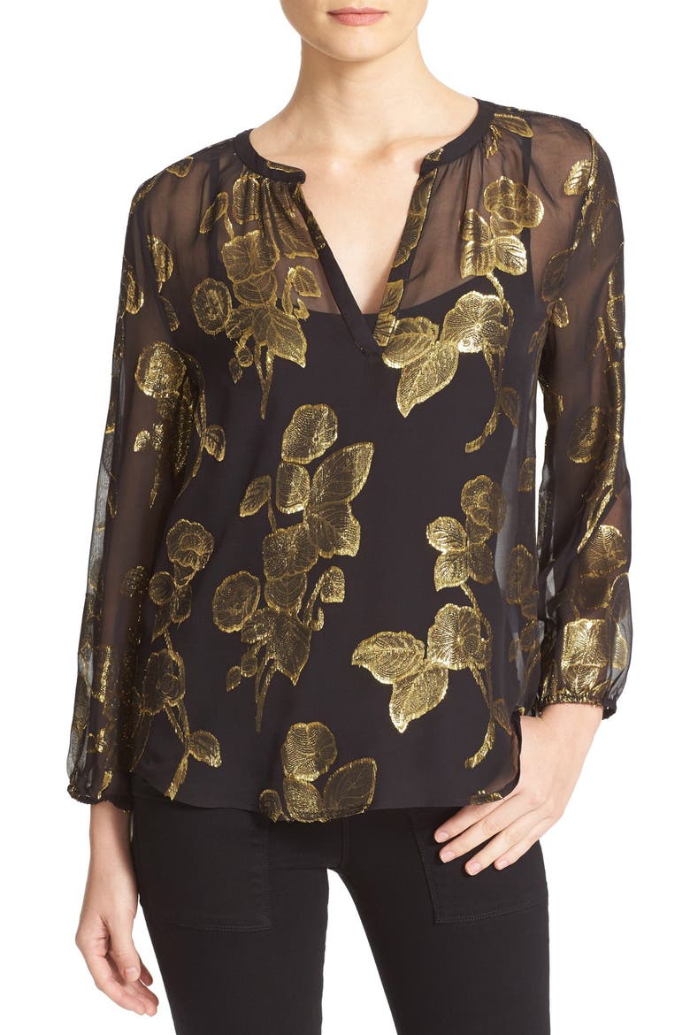 'Vashti' Metallic Silk Print Popover Top (Nordstrom Exclusive), Main, color, CAVIAR/ GOLD