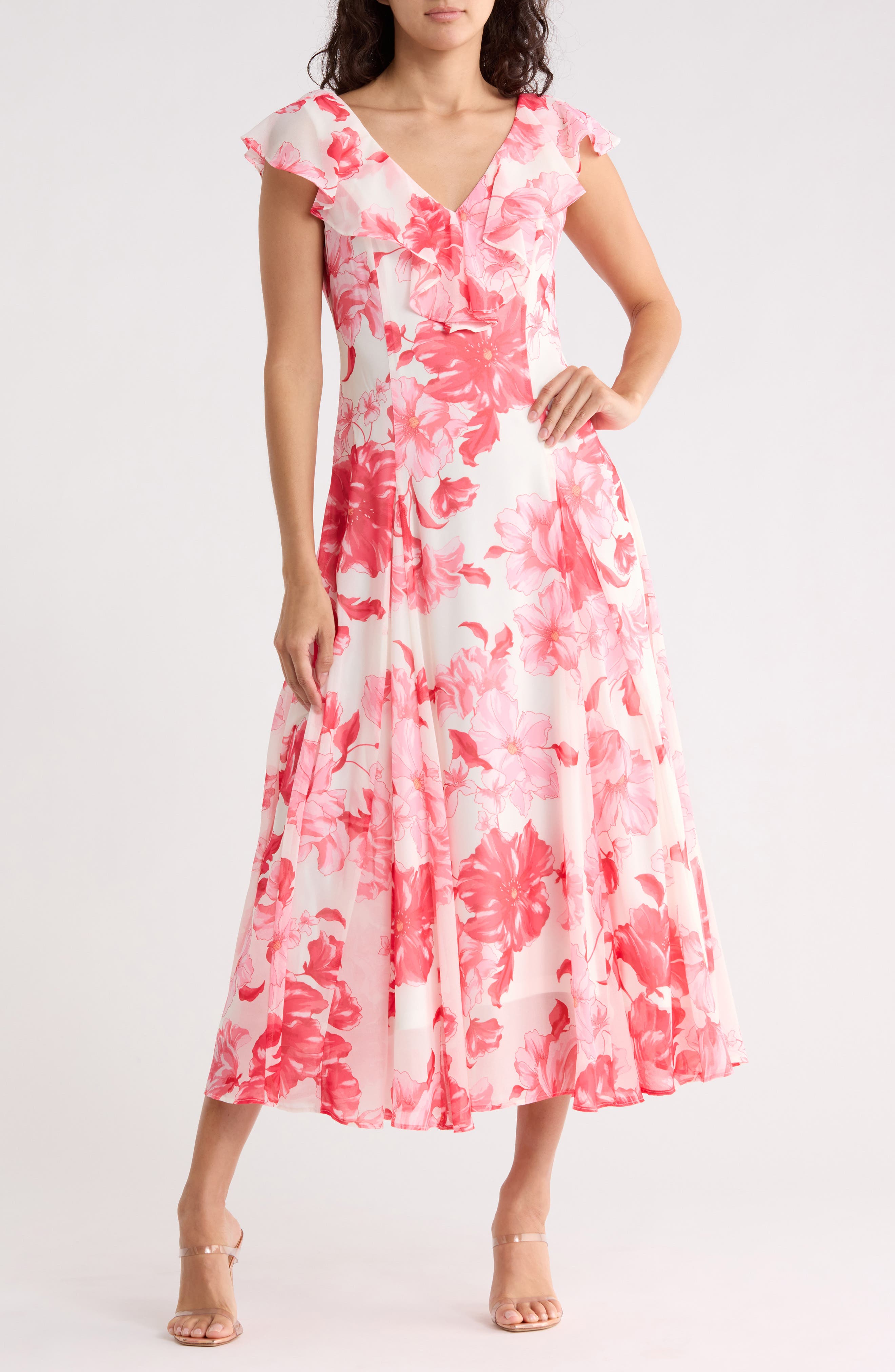 WAYF Floral Godet Midi Dress