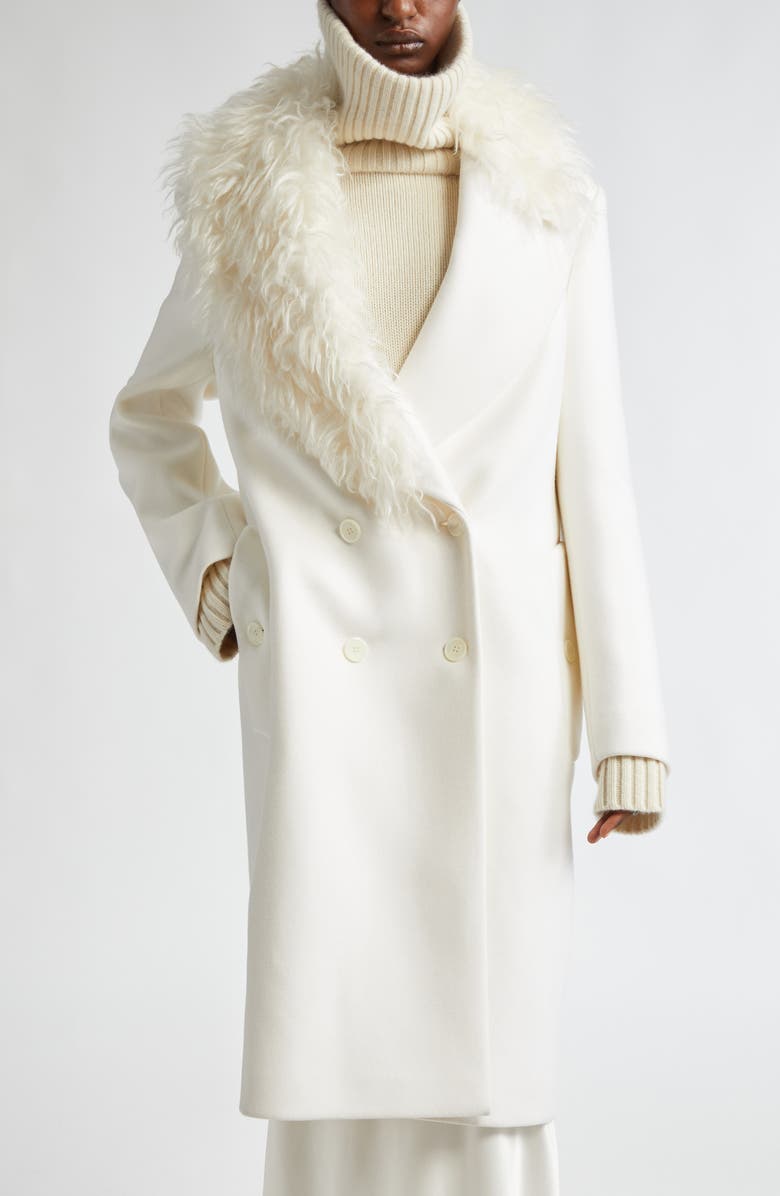 Michael Kors Collection Double Breasted Wool Melton Coat with Faux Fur Trim, Alternate, color, Ivory