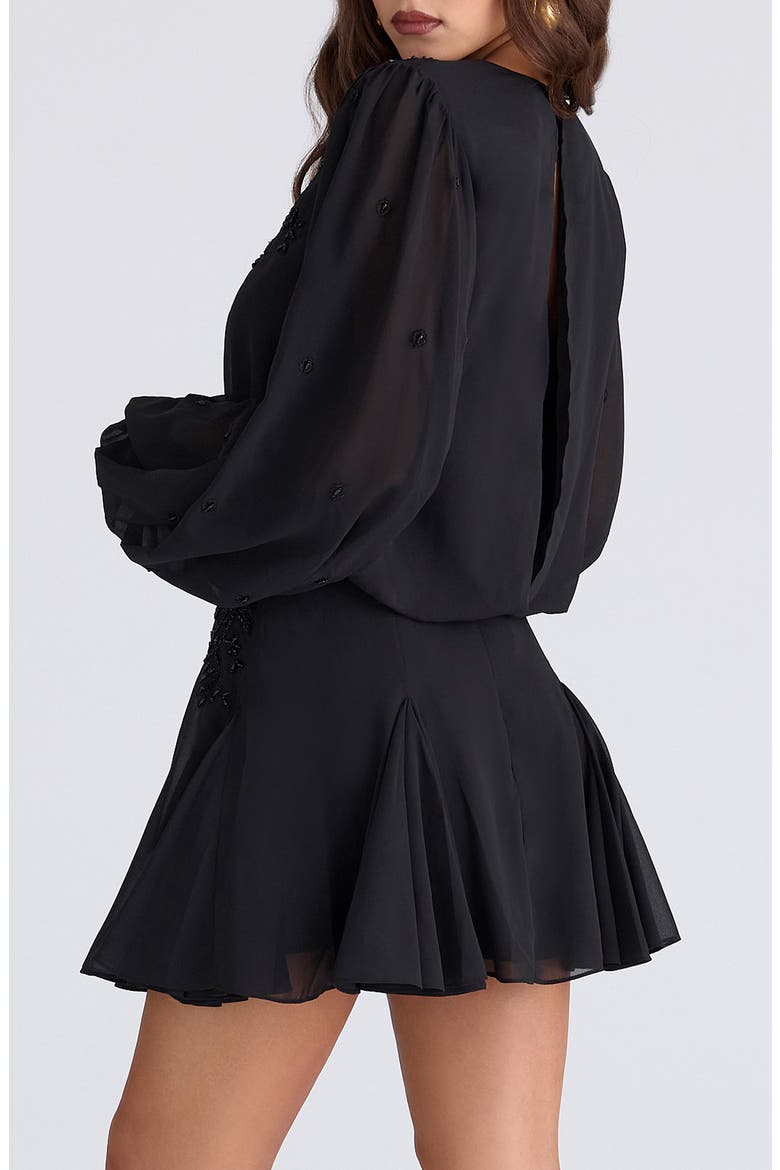 Gianna Beaded Godet Long Sleeve Minidress, Alternate, color, BLACK