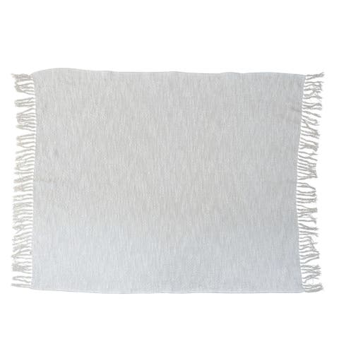 Cotton Throw Blanket With Silver Metallic Thread And Fringe, Cream