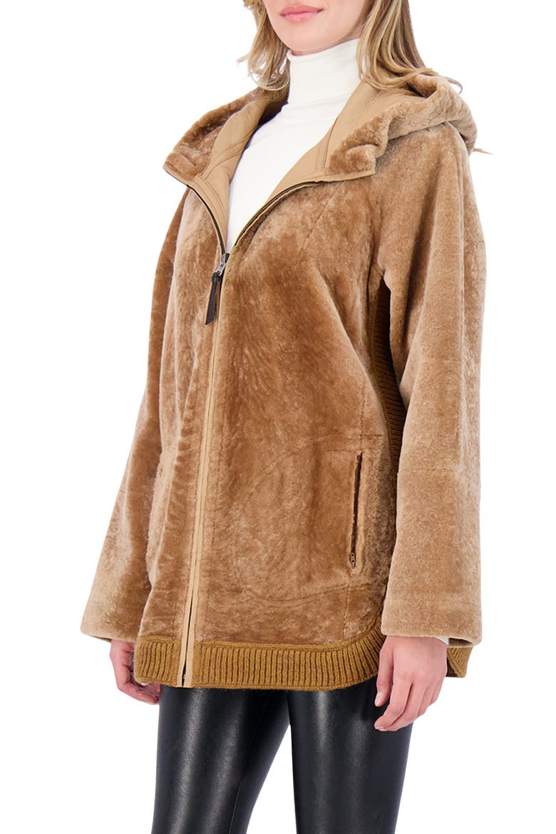 Reversible Textured Genuine Shearling Lamb Zip Parka with Ribbed Hem, Alternate, color, LATTE/LATTE