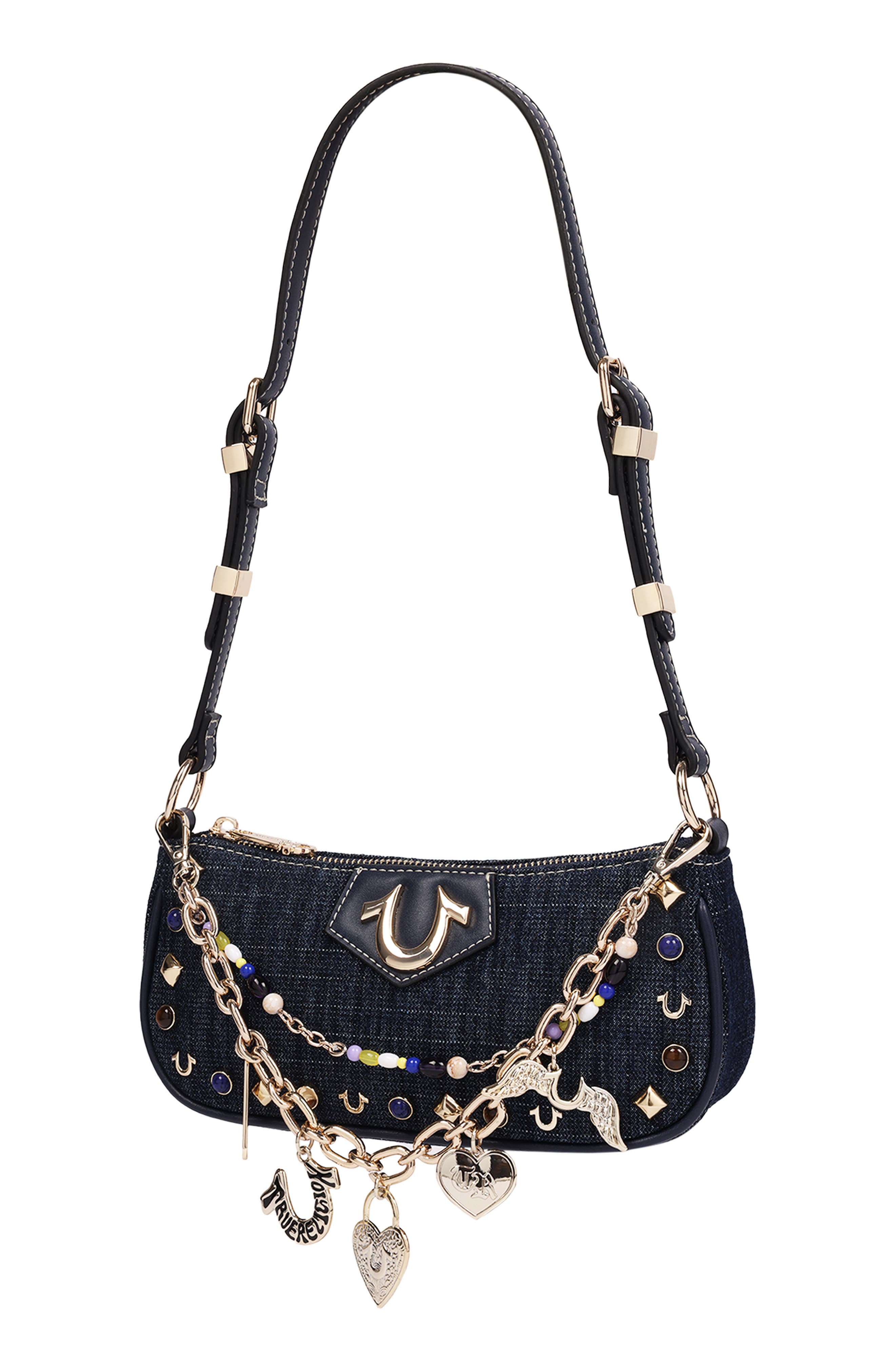 Chain & Studs Denim Shoulder Bag, Alternate, color, DARK DENIM