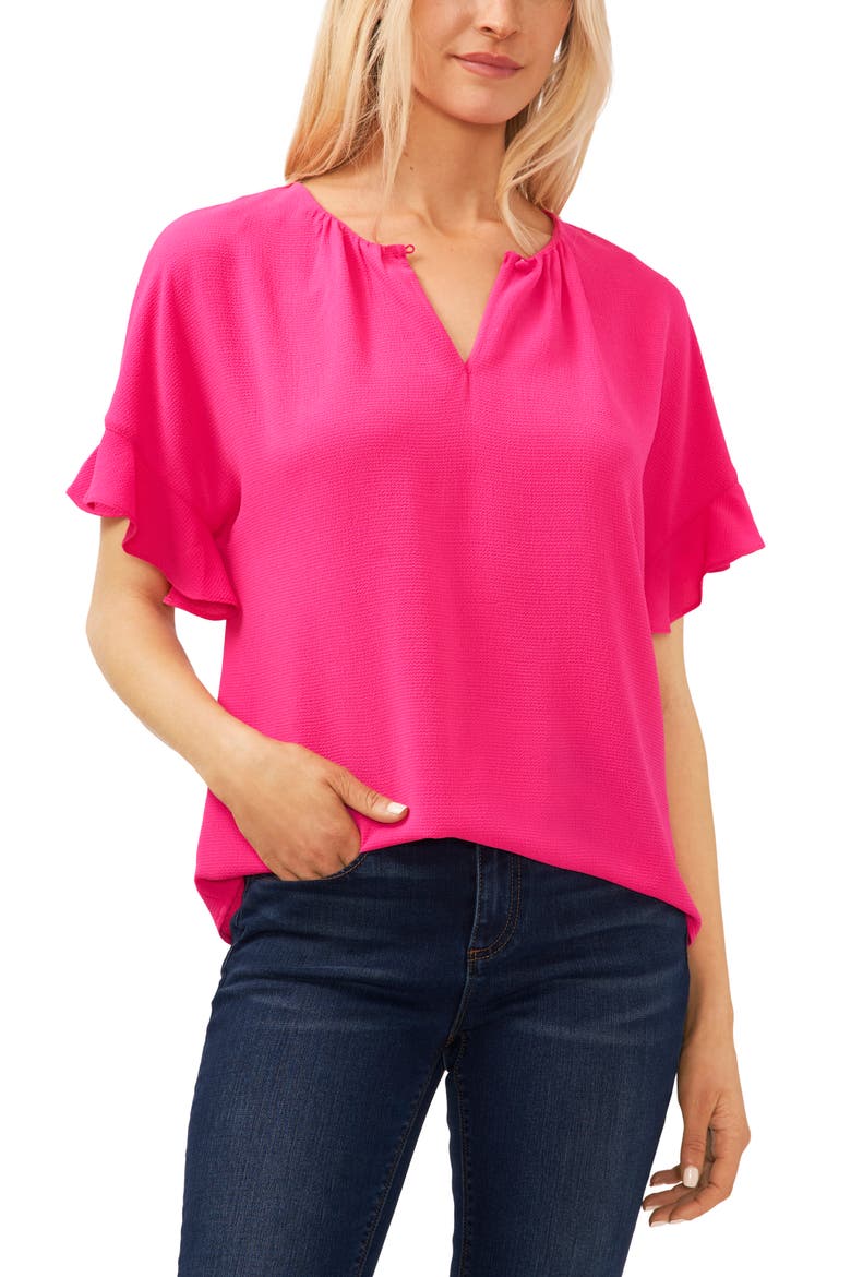 Ruffle Sleeve Crepe Blouse, Main, color, BRIGHT ROSE