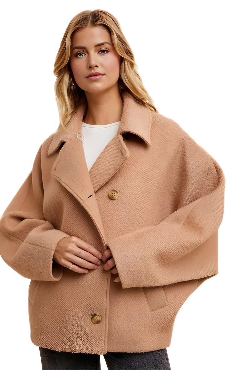 Knit and Lounge Cropped Wool-Blend Coat With Oversized Lapels And Drop Shoulders, Main, color, Camel