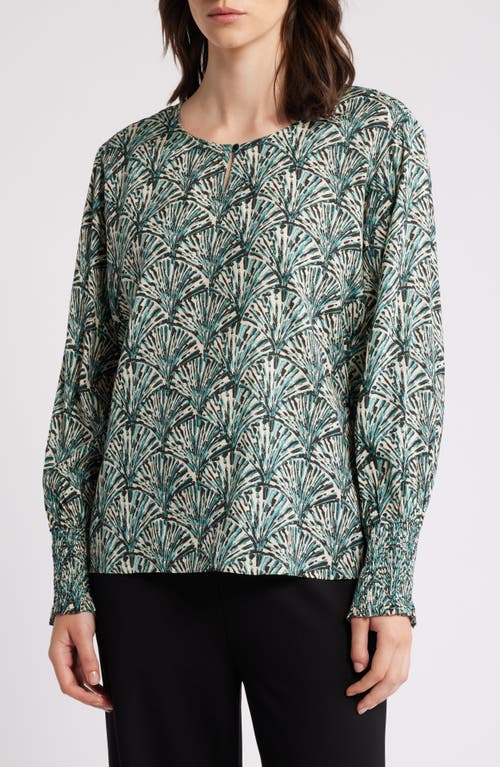 Masai Copenhagen Baila Fan Print Long Sleeve Top in Teal 